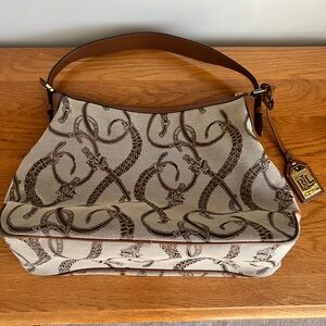 Lauren Ralph Lauren Beige Canvas Shoulder Bag with Brown Leather Trim